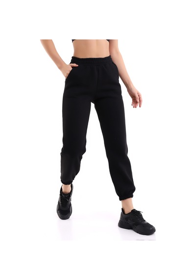 Winmoda34 Kadın Üç İplik İçi Şardonlu Polarlı Eşofman Altı Jogger Rahat Kalıp Siyah
