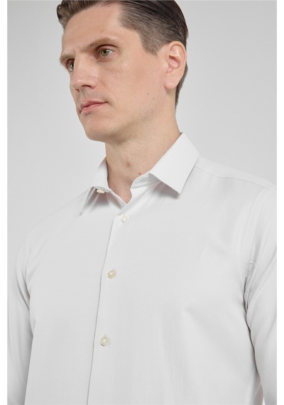 İmza Koyu Bej Kendinden Desenli Sert Yaka Uzun Kol Cepsiz Slim Fit Pamuklu Gömlek 1004255283