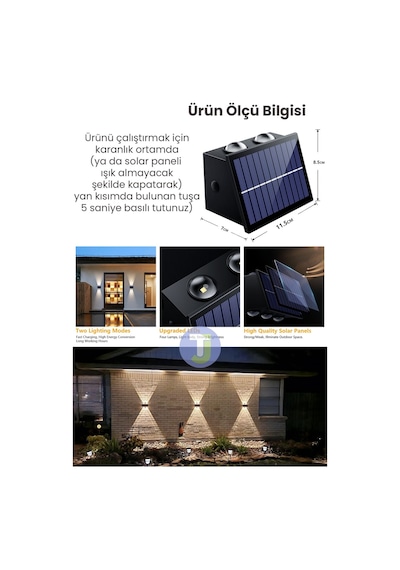 Technojet Solar Güneş Enerjili 4 Ledli Bahçe Aydınlatması Aplik Sarı Işık Led Lamba 2 Adet Siyah