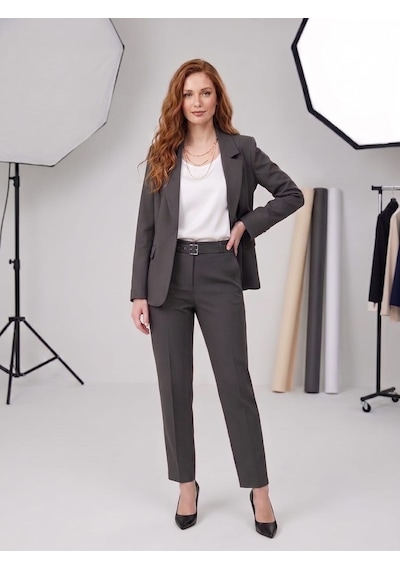 Prenses Kadın Modern Kesim Astarlı Blazer Takım Elbise Trend Ofis Şık Gri
