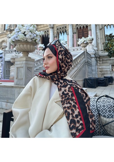 Miorel Scarfs Yeni Sezon Leopar Desen Vual İpek Şal Premium Fular Silk Scarfs Shawl Hijab Kırmızı