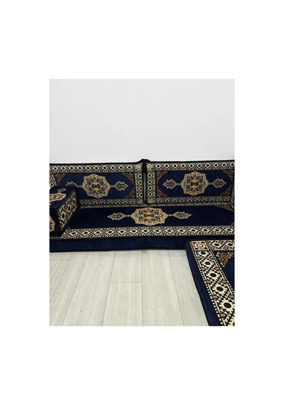 Güneş Modeli Lacivert Otantik Şark Köşesi Takımı L Set - Geleneksel Yer Minderi Seti 10 Cm Minder Kalınlığı 9 Parça