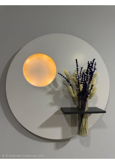 Sümbül 50 Cm Ahşap Pilli Ledli İskandinav Tarzı Duvar Rafı Modern Çiçeklik Ekru