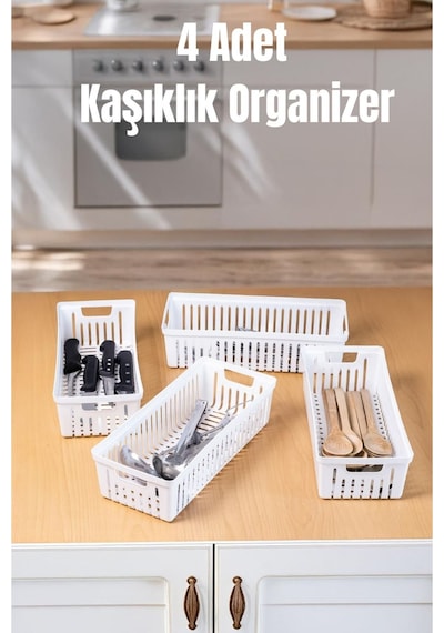 4 Adet Beyaz Mutfak Çekmece Düzenleyici Kaşık Çatal Bıçak Organizeri, Plastik Saklama Kutusu Plast Diğer