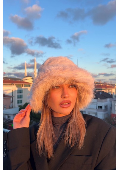 Mollycrush Suni Kürklü Peluş Bucket Kalpak Şapka Luxury Kadın Bej Rus Slav Tarzı Bej