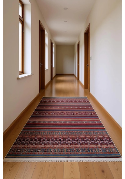 Blghome Renkli Çizgiler Modern Halı Dekoratif Kilim Kırmızı