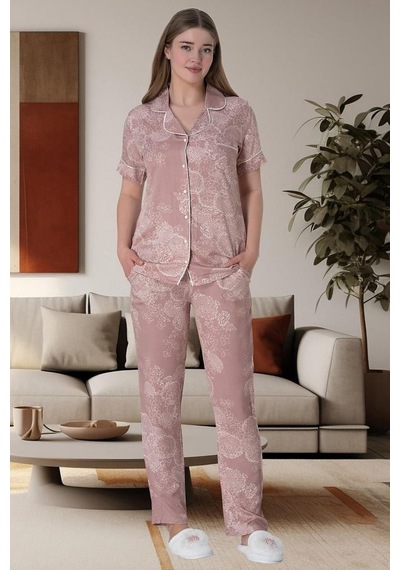 Mecit Pijama Mecit 6014 Pudra Çiçek Desenli Boydan Düğmeli Kadın Pijama Takımı 001