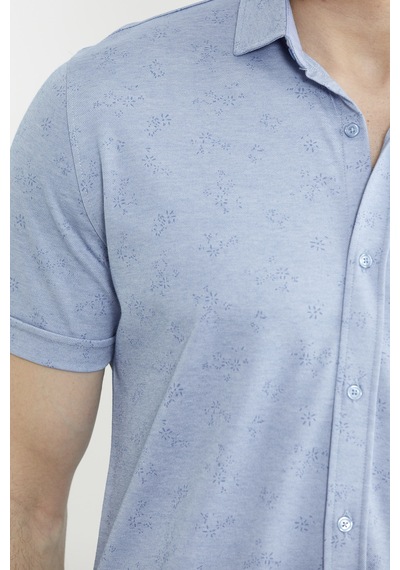 Slim Fit Baskılı Penye Gömlek - Mavi Mavi