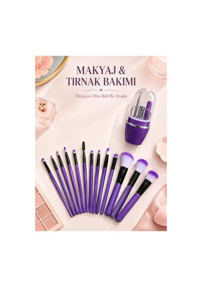 Makyaj Ve Tırnak Bakım Seti 12 Li Mor Makyaj Fırçaları Manikür Pedikür Seti Günlük Kişisel Bakım Pak Çok Renkli