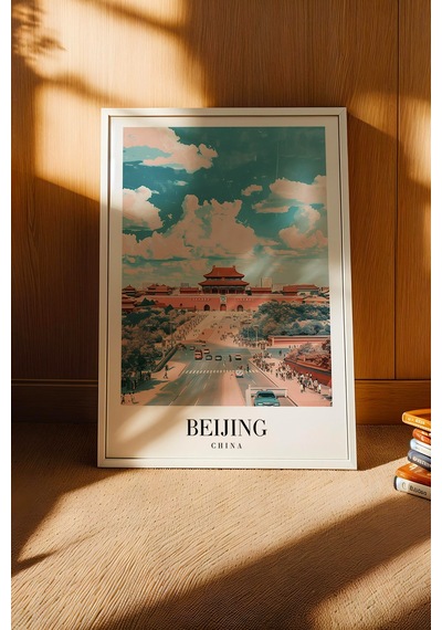 Beijing China Vintage Seyahat Posteri Çerçeveli Tablo - Premium Çin Mimarisi Elit Duvar Dekoru Beyaz
