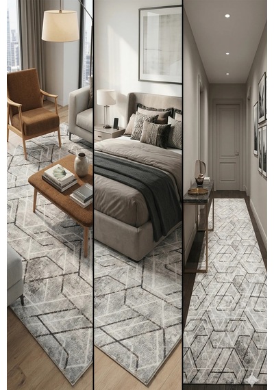 Villadia Home Textile Kaymaz Taban Modern Desen Halı Yolluk Leke Tutmaz Kolay Temizlenir Koridor Salon Yatak Mutfak Odası Vd4054gri Gri