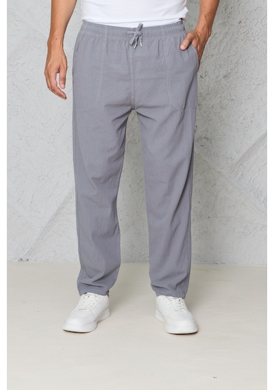 Blayn Jeans Erkek Haki Jogger Pantolon Beli Lastikli Bağcıklı %100 Pamuk Keten Baggy Rahat Günlük Pantolon gri