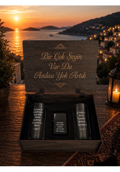 Kişiye Özel Ahşap Kutulu 2 Li Rakı Bardağı Ve Çakmak Hediye Seti