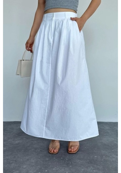 Defymoda İnce Pileli Düz Etek - Beyaz Beyaz