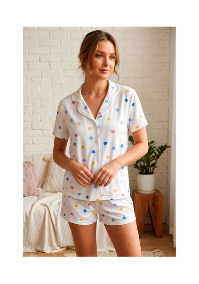 Fit Women Renkli Kalp Desenli Düğmeli Şortlu Pijama Takımı 4610 -beyaz Kırık Beyaz