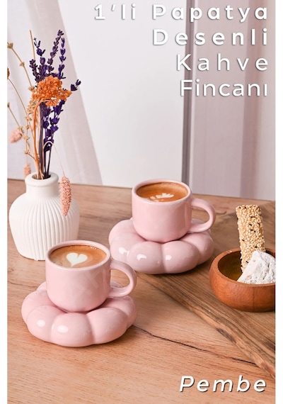 Mithra Life 2 Adet 95 Ml Papatya Şekilli Seramik Pembe Türk Kahvesi Fincan Takımı Mıt1159 Pembe