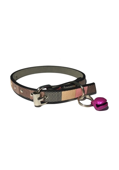 Çok Renkli Blok Desen Derili 1 CM Metal Kilit Tokalı Zilli Kedi T