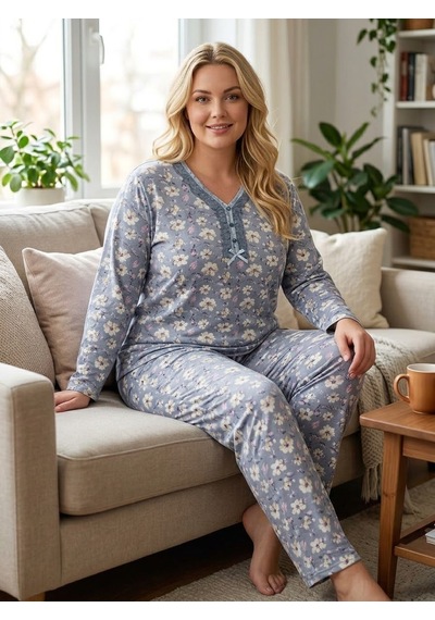 Büyük Beden Yumuşak Tuşeli Uzun Kol Likralı Pijama Takımı 8733 Gri