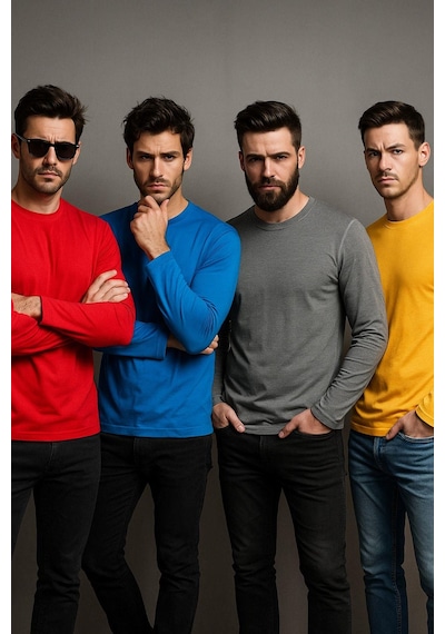 Rich Erkek Sarı-mavi-kırmızı-gri Melanj 4'lü Paket Basic Uzun Kollu Tişört Body T-shirt Çok Renkli