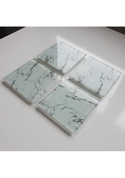 Decorıta 4'lü Takım / Cam Bardak Altlığı / 10cm X 10cm / Beyaz Mermer Diğer