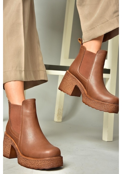 Fox Shoes T996220009 Taba Kalın Topuklu Kadın Bot Taba
