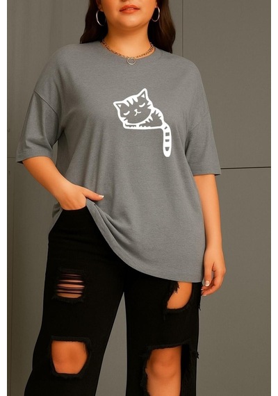 Büyük Beden Çizgili Uykusuz Kedi Baskılı Unisex Tişört Gri