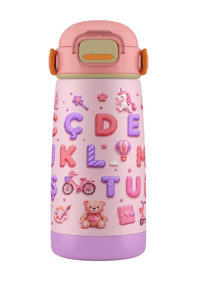 Puccon 420 Ml Kız Çocuklar İçin Alfabe Harfler Baskılı Çelik Matara Termos Suluk - 60018 Pembe - Mor