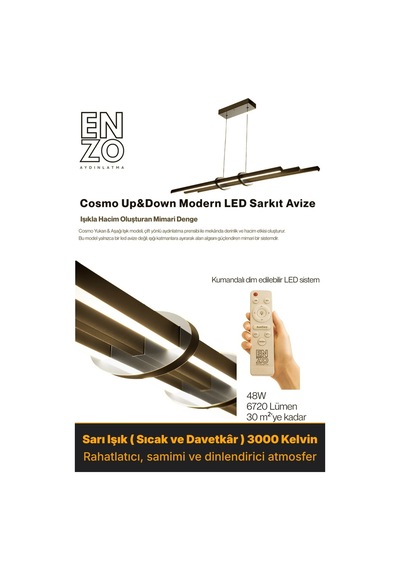 Cosmo Silver Lineer Led Sarkıt Avize Kumandalı Dim Edilebilir Yukarı & Aşağı Işık Sarı Işık