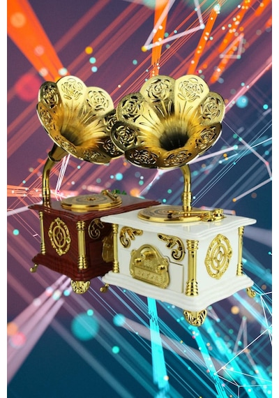 Gramofon Müzik Kutusu Beyaz 13x26cm