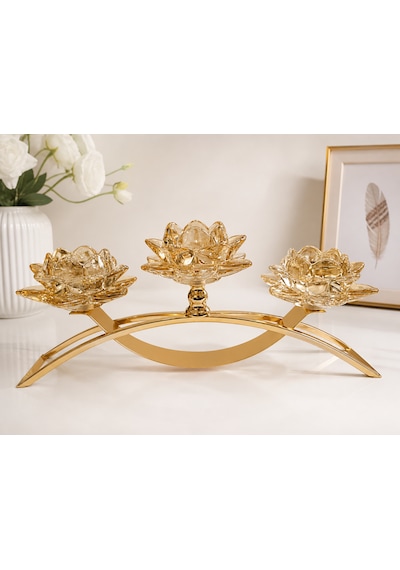 3 Kollu Kristal Cam Köprü Gold Renk Şamdan 40cm Uzunluk / 17cm Yükseklik Amber - Gold
