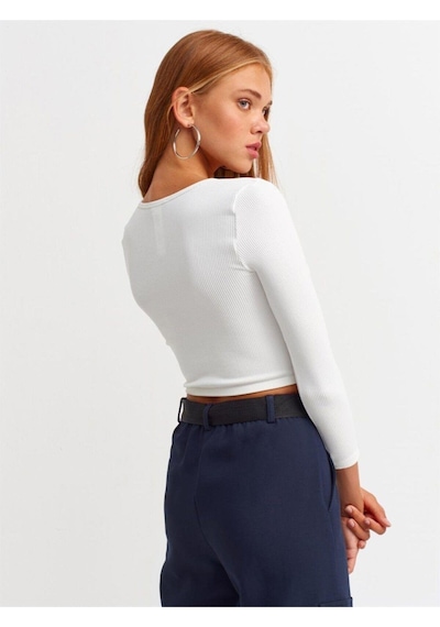 Dilvin Garaj Butik 3529 Havuz Yaka Uzun Kollu Crop Top-beyaz-241 Beyaz