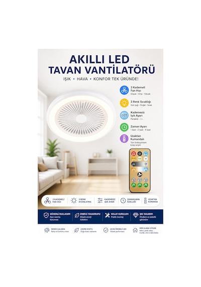 Akıllı Led Tavan Vantilatörü Uzaktan Kumandalı 3 Kademeli Fan & 3 Renk Işık Ve Zaman Ayarlı Modern Lamba