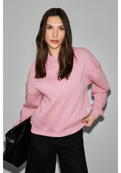 Grimelange Serenya Kadın Pamuklu Etiket Detaylı Bisiklet Yaka Pembe Sweatshirt Pembe