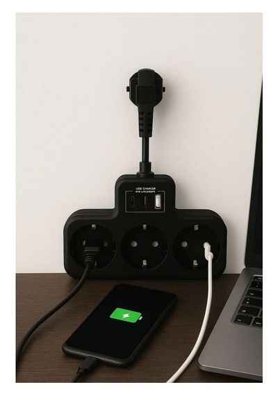 Fulltech Çoklu Kablolu Priz Yüksek Gerilim Korumalı 3 Lü Priz 1x Usb 2x Type-c Çıkışlı Grup Priz Çoğaltıcı 0