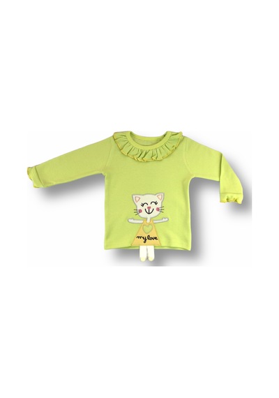 Cndr 6-9 9-12 12-18 Ay Elbiseli Kedi Nakışlı Bandanalı Uzun Kollu Sweat 3lü Kız Bebek Takımı Yeşil