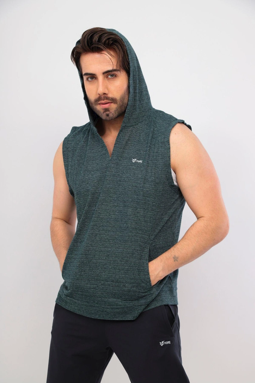 Erkek 3'lü Kapşonlu Kısa Kol Atletli T-shirt Takım Yeşil