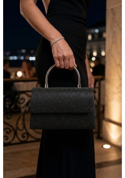 Vellabags Kadın Siyah Işıltılı Abiye Çanta Metal Saplı Şık Gece & Davet Çantası Siyah - Antrasit