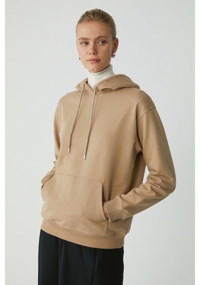 Ethıquet Abelıa Kadın Pamuklu Içi Polarlı Yumuşacık Kalın Kumaşlı Kapüşonlu Örme Comfort Vizon Sweat