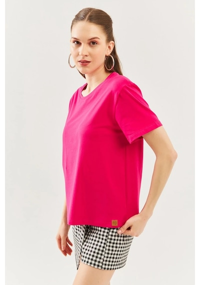 Kadın Oversize Rahat %100 Pamuklu Penye Bisiklet Yaka Kısa Kol Basic T-shirt Fuşya