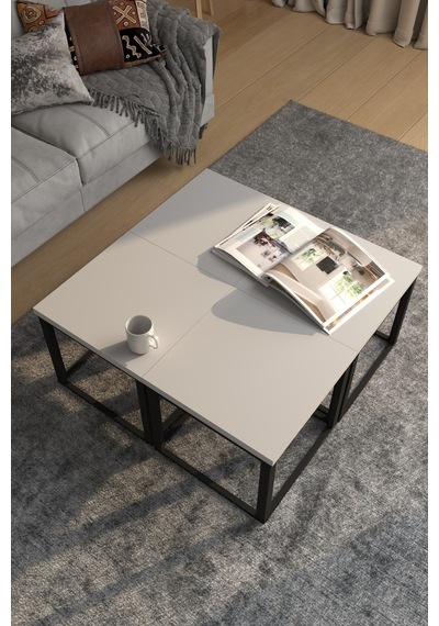 4'lü Kare Orta Sehpa Seti 88x88x40,7 Cm 28 Mm Tabla, Masif Ahşap Ayak Gri / Ceviz Gri Gri