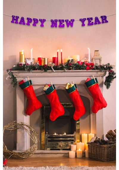 Mor Happy New Year Yazılı Banner, Özel Gün, Davet Organizasyonu ,yeni Yıl, Yılbaşı Sofrası, Simli Eva Banner