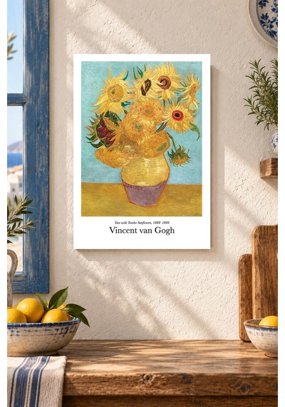 Ayçiçeği Vazosu Desenli Dekoratif Mdf Tablo, Çerçeve Görünümlü Ahşap Poster