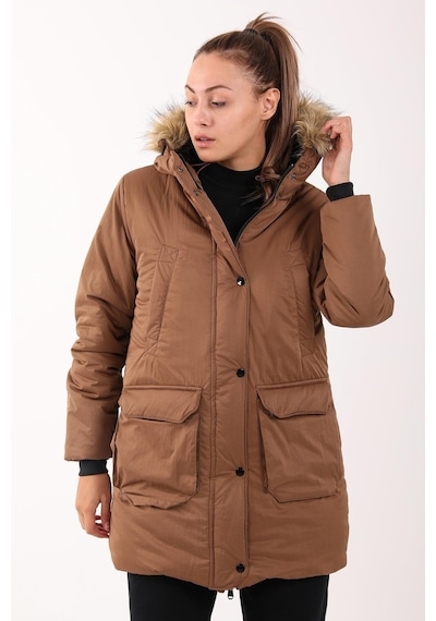 Maraton Sportswear Regular Kadın Kapşonlu Uzun Kol Basic Taba Parka 21418 Taba