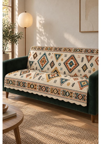 Çok Amaçlı Kadife Koltuk Örtüsü Kaymaz Süngerli 165x215 Cm Modern Bohem Çekyat Şalı Piknik Masa Örtüsü Alk15 krem