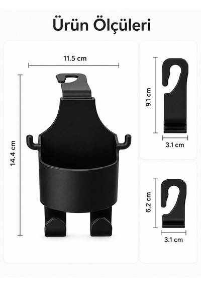 Araç Koltuk Arkası Organizer - 2'li Paket - Bardak + Telefon + Tablet Tutucu - Araç İçi Düzenleyici Askılık Aparat 2 Adet - Siyah