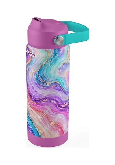 Puccon 540 Ml Renkli Dalga Desenli Mor - Çok Renkli Kız Çocuk Pipetli Çelik Termos Matara/suluk - 60064