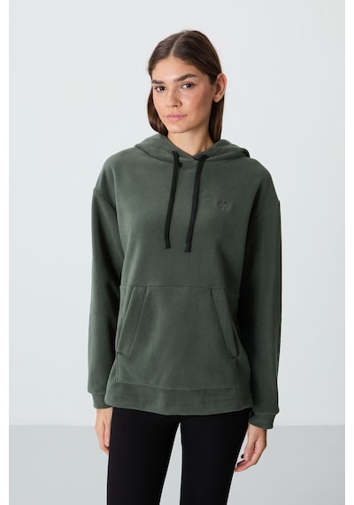 Tommy Life Haki Kalın Yumuşak Dokulu Kapüşonlu Oversize Nakışlı Polar Kadın Sweatshirt - 97292 Haki