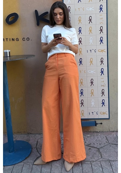 Madmext Turuncu Yüksek Bel Keten Wide Leg Pantolon Mg2718