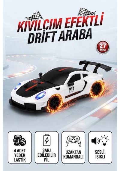 Uzaktan Kumandalı Kıvılcım Efekt Porsche Drift Yarış Arabası 4 Adet Yedek Lastik 26 Cm Sesli Oyuncak Beyaz