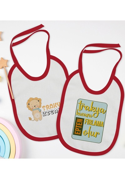 BK Kids Trakya Kızanı Tasarımlı 2’li Kırmızı Mama Önlüğü-1 Kırmızı